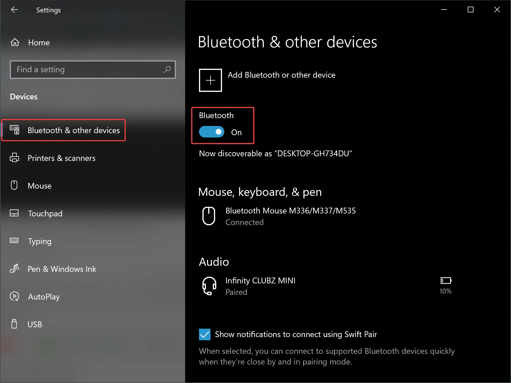 Bluetooth settings page on iPhone and Windows 10