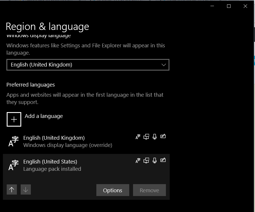 Click on Language and then select Language options.
Under the Preferred languages section, select the unwanted keyboard language and click on Remove.