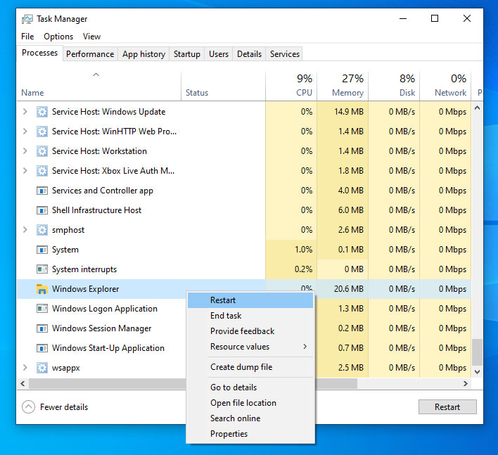 Click on the Processes tab in Task Manager.
Scroll down and find Windows Explorer.