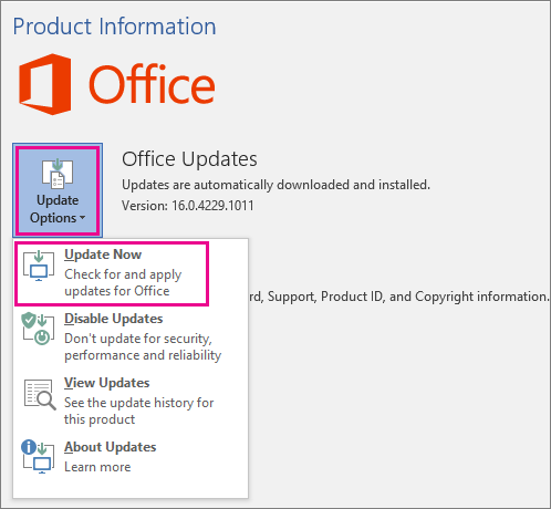 Click on Update Now to check for and install any available updates for Office 2013.
Wait for the update process to complete and then restart your computer.