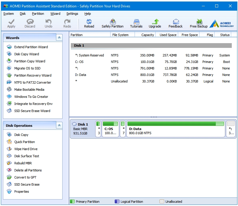 Download and install a reliable third-party partition manager tool such as MiniTool Partition Wizard or AOMEI Partition Assistant.
Launch the partition manager tool.