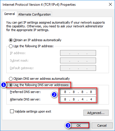 Enter 8.8.8.8 as the Preferred DNS server and 8.8.4.4 as the Alternate DNS server.
Click OK to save the changes.