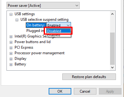 Expand the USB settings category.
Expand the USB selective suspend setting option.