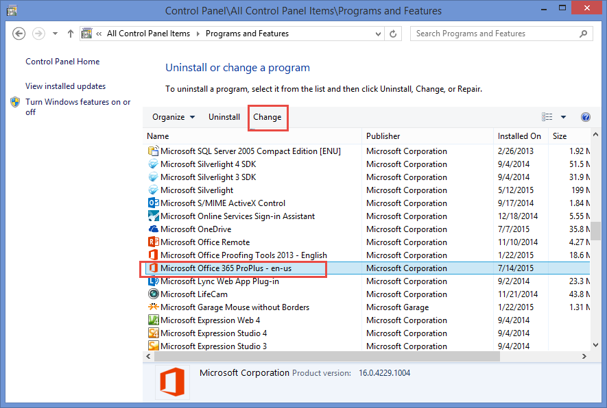 Find Microsoft Office 2013 in the list of installed programs and select it.
Click on the Change or Repair button.