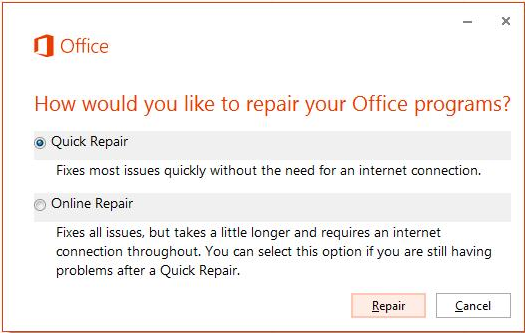 Follow the on-screen instructions to perform a repair installation of Office 2013.
Restart your computer after the repair installation is complete.