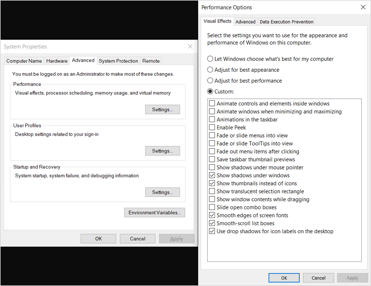 Go to Advanced system settings
Under the Performance section, click on Settings