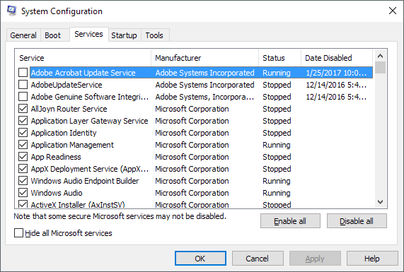 Go to the Services tab and check the box next to Hide all Microsoft services.
Click on Disable all to disable all non-Microsoft services.
