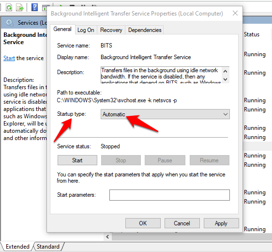 In the Properties window, under the "General" tab, set the Startup type to "Automatic".
Click on Apply and then click on OK to save the changes.
