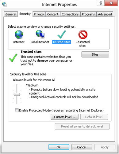 Internet Explorer security settings
