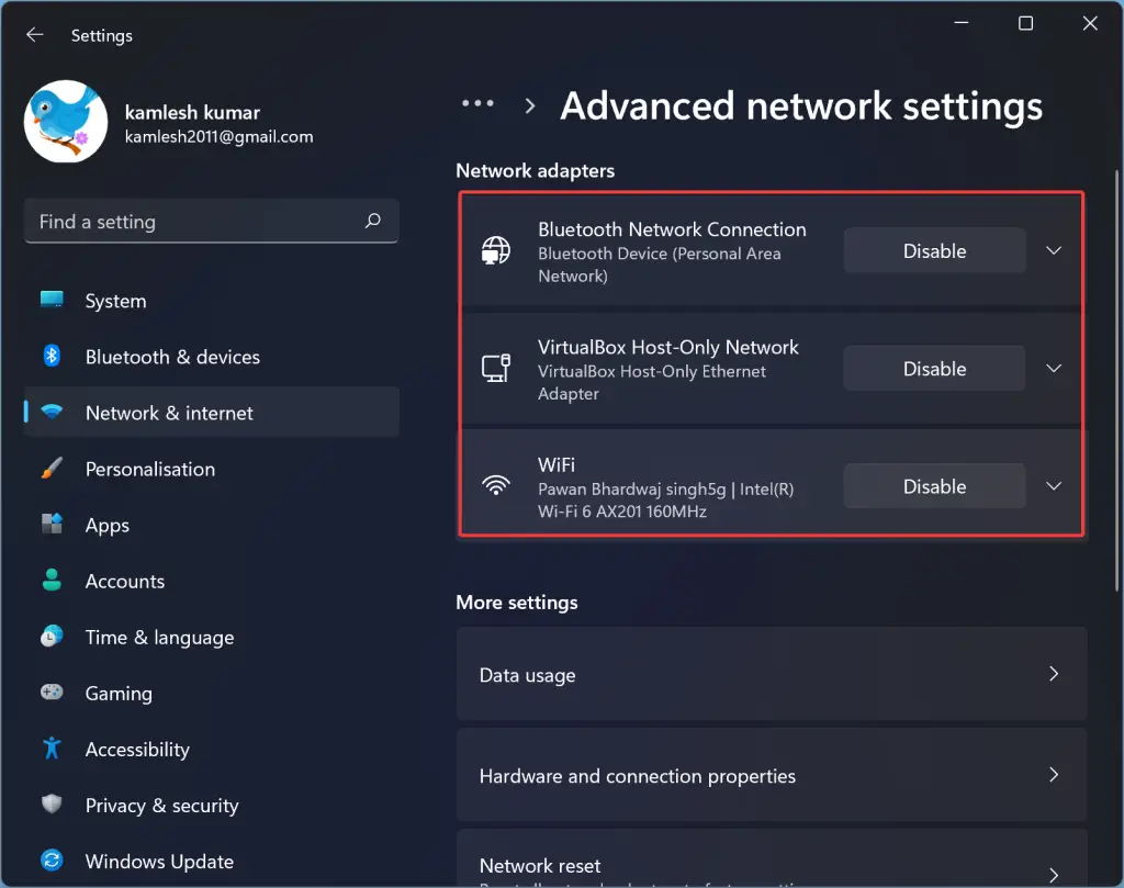 Network adapter settings