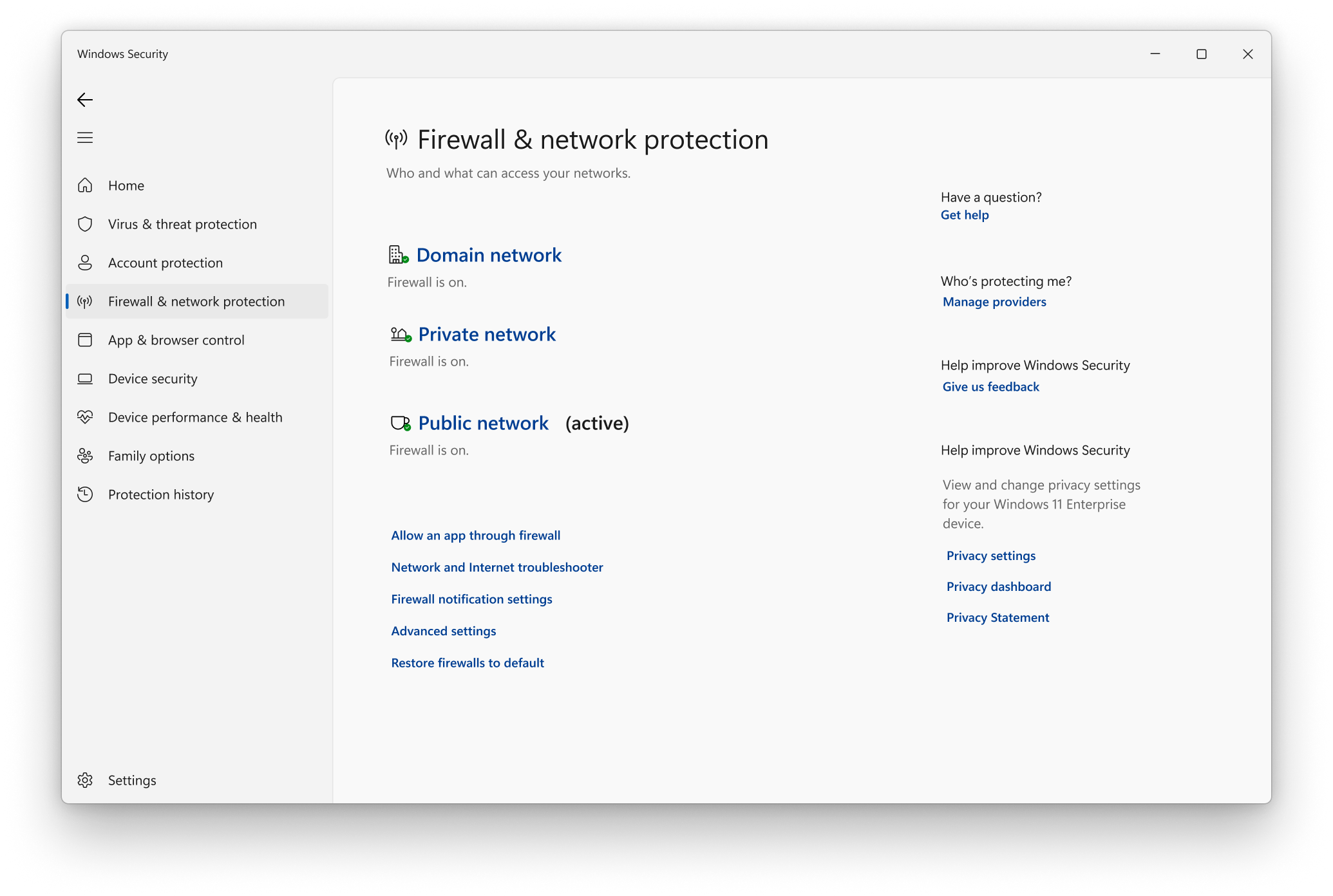 Network and Firewall settings page