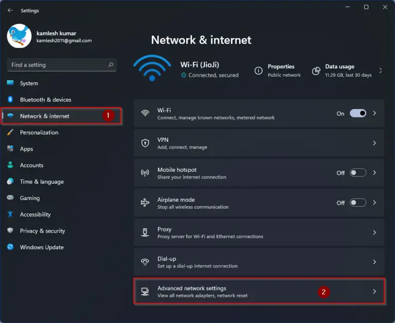 Network connection settings page.