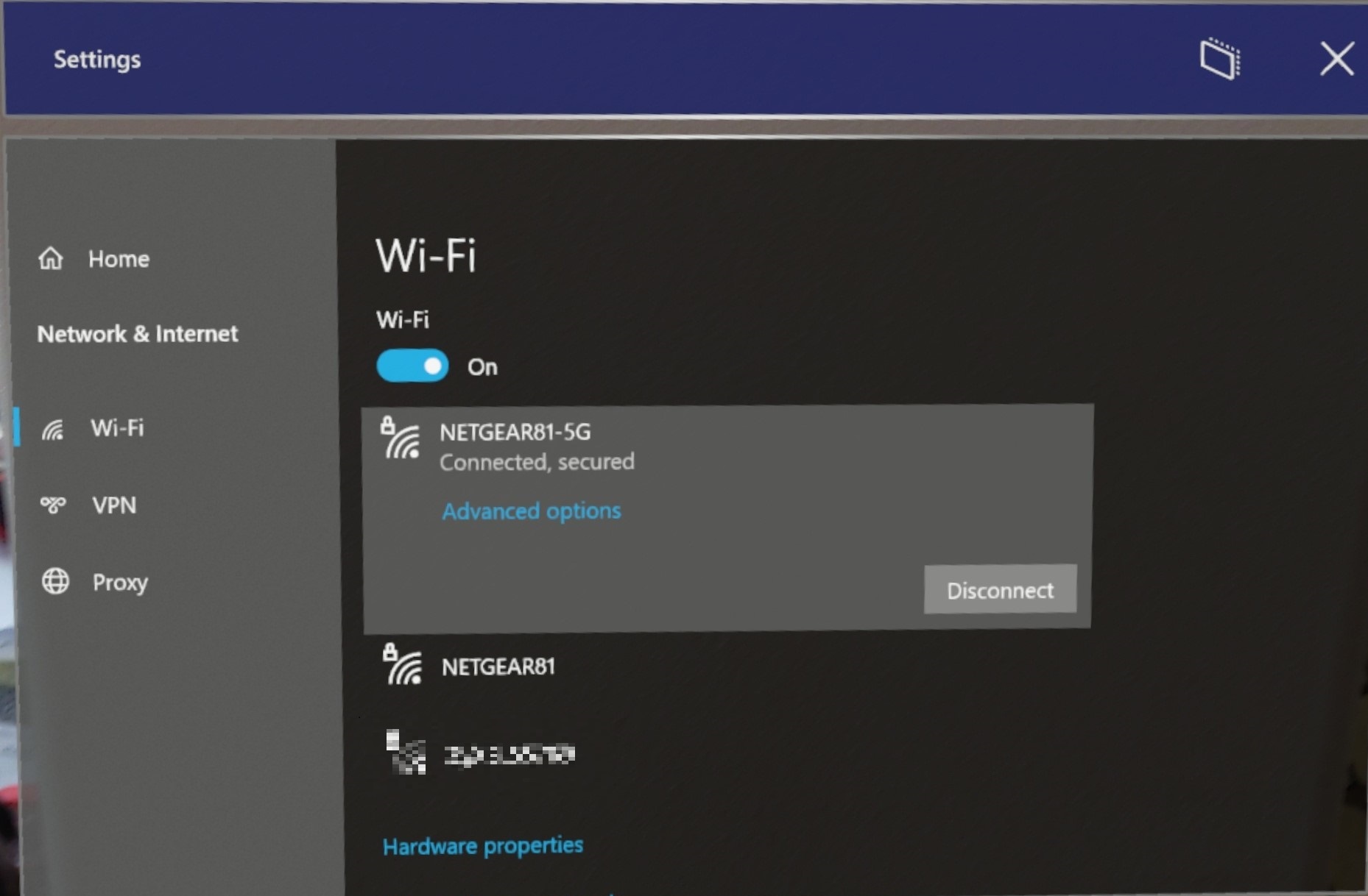 Network settings menu in Windows 10