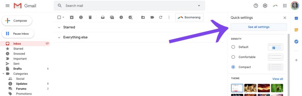 Open Gmail and click on the gear icon for settings.
Review the various settings, such as filters, forwarding, and blocked addresses.