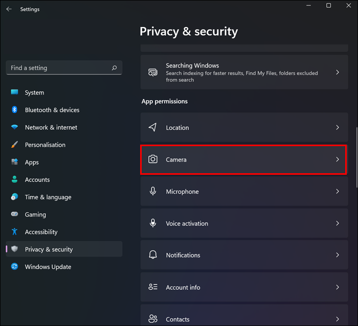 Open Settings by pressing Win+I.
Select Privacy and then choose Camera from the left pane.