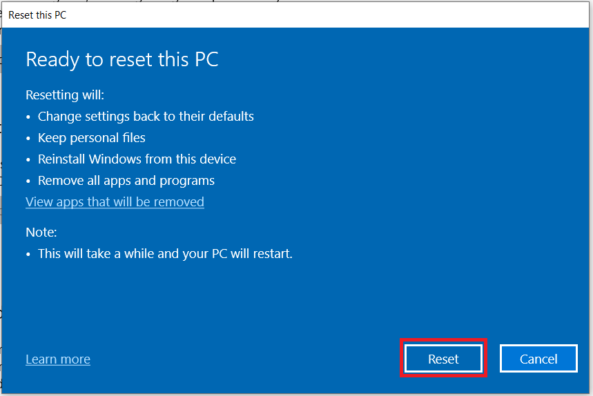 Open the Start menu and search for Reset this PC.
Select Remove everything or Keep my files based on your preference.