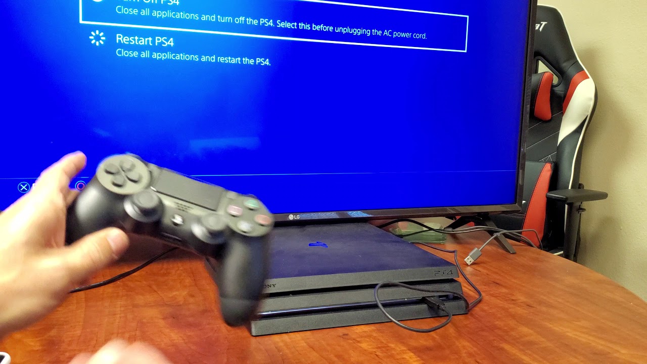 Power Off the PS4 completely by holding down the power button for several seconds until it beeps twice.
Unplug the PS4 from the power source and wait for a few minutes.