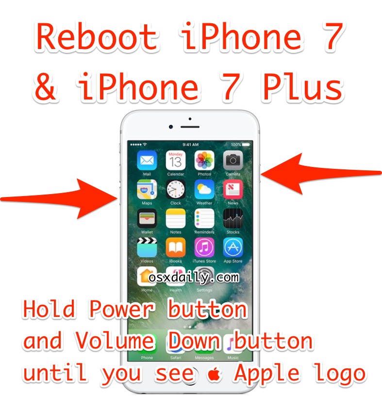 Press and hold the Home button (or the Volume Down button for iPhone 7 and 7 Plus) along with the Power button.
Continue holding both buttons until the Apple logo appears.