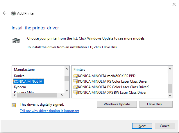 Printer driver update screen