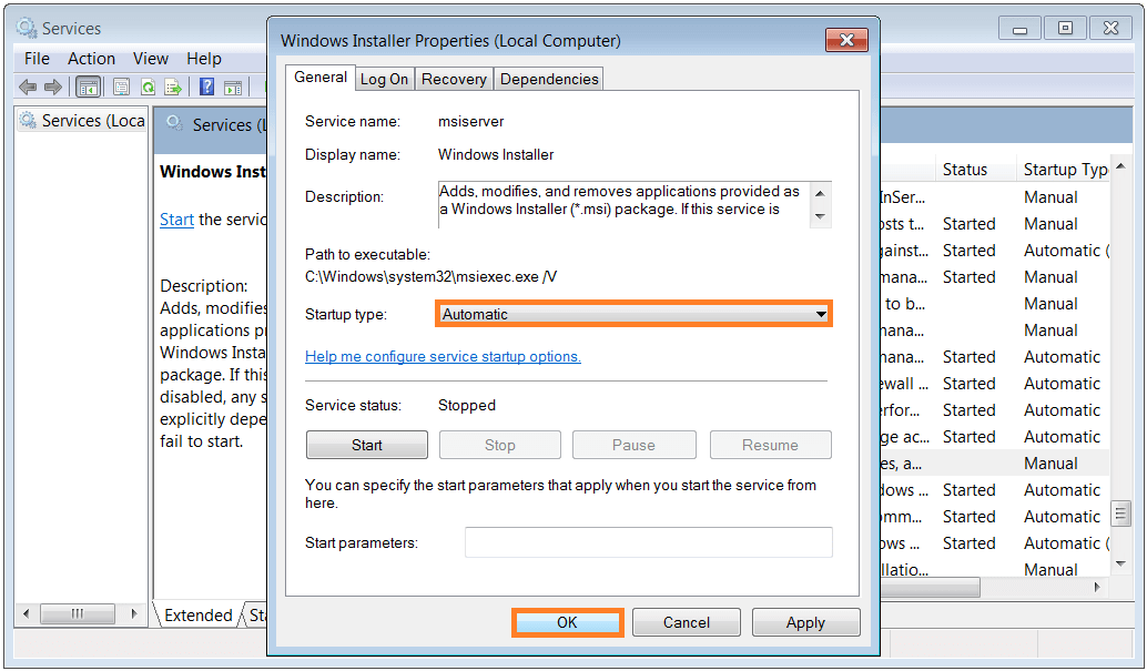 Right-click on Windows Installer and select Properties.
Ensure that the Startup type is set to Manual or Automatic.