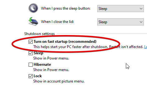 Scroll down to the Shutdown settings section and uncheck the box next to Turn on fast startup (recommended).
Click on Save changes to apply the settings.