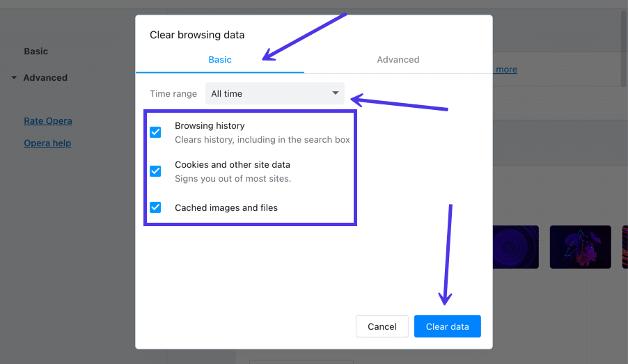 Select all the checkboxes next to "Browsing history," "Cookies and other site data," and "Cached images and files."
Choose the time range for which you want to delete the data. To clear all data, select "All time."