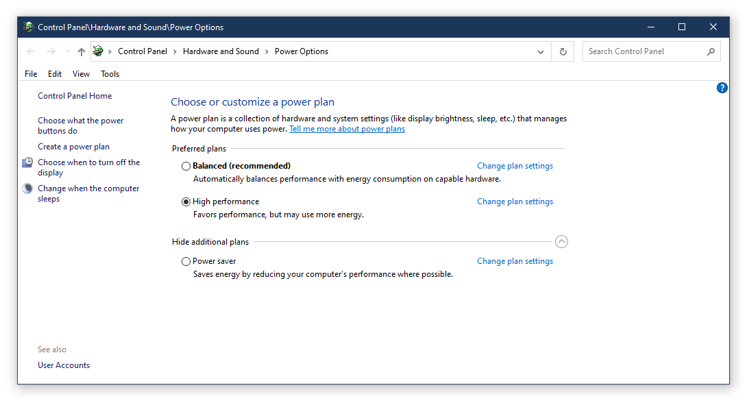 Select Change plan settings for your current power plan
Choose Change advanced power settings