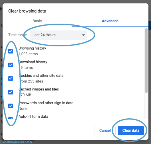 Select Clear Browsing Data
Tick the boxes for Cache and Cookies
