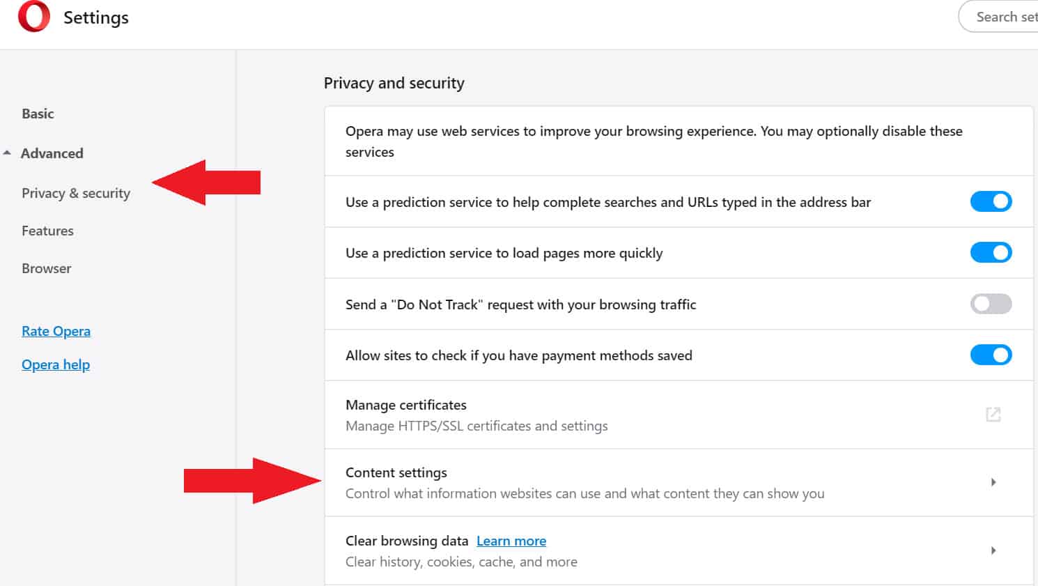 Select "Settings" from the drop-down menu.
Scroll down and click on "Privacy & Security" or "Clear browsing data".