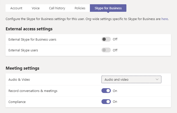 Skype for Business connection settings