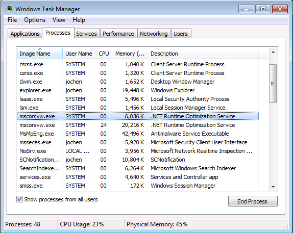Task Manager with high CPU usage highlighted
