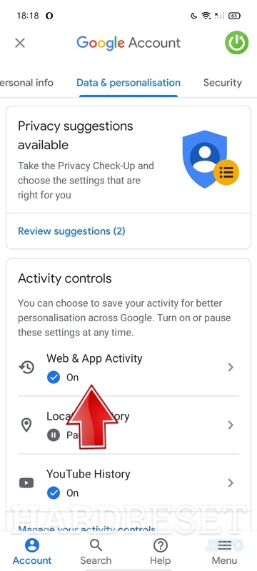 Under the Activity controls section, click on Web & App Activity.
Toggle the switch to Off to pause the recording of your browsing and searching activity.