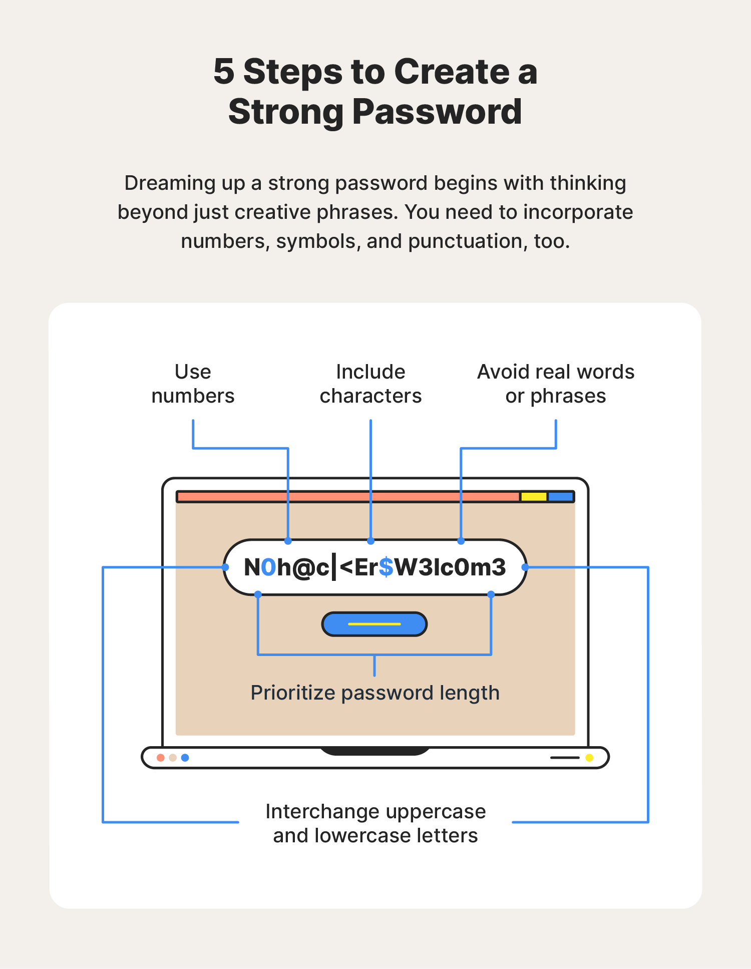 Use a strong password consisting of a combination of letters, numbers, and symbols.
Do not use the same password for multiple accounts or devices.