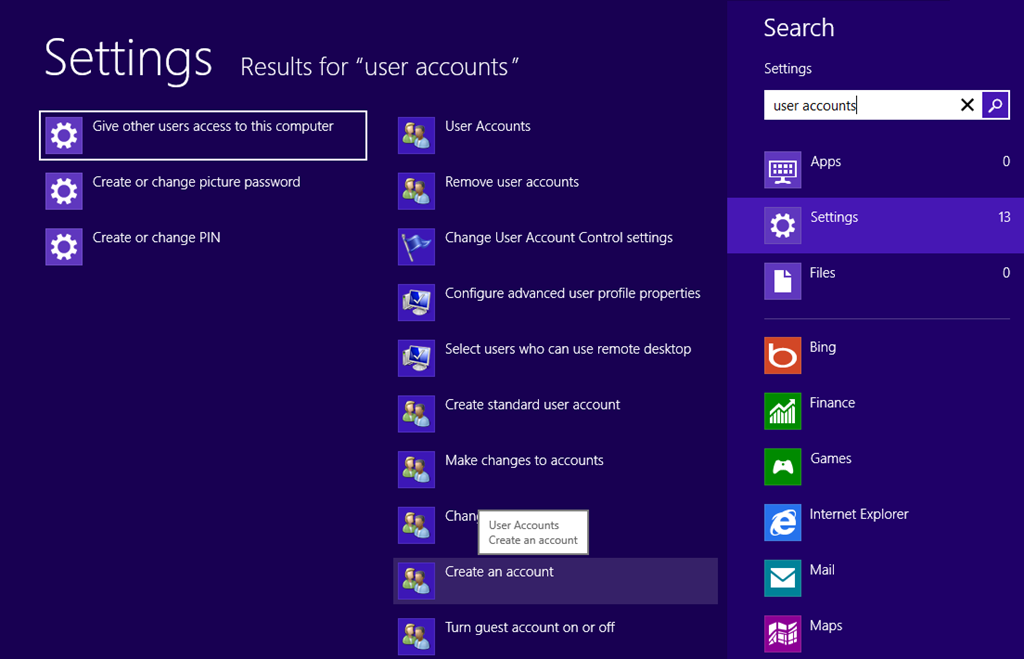 Windows 8 user account options