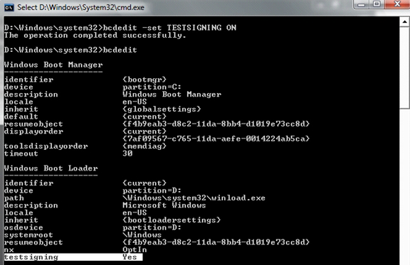 Windows command prompt with BCD commands.
